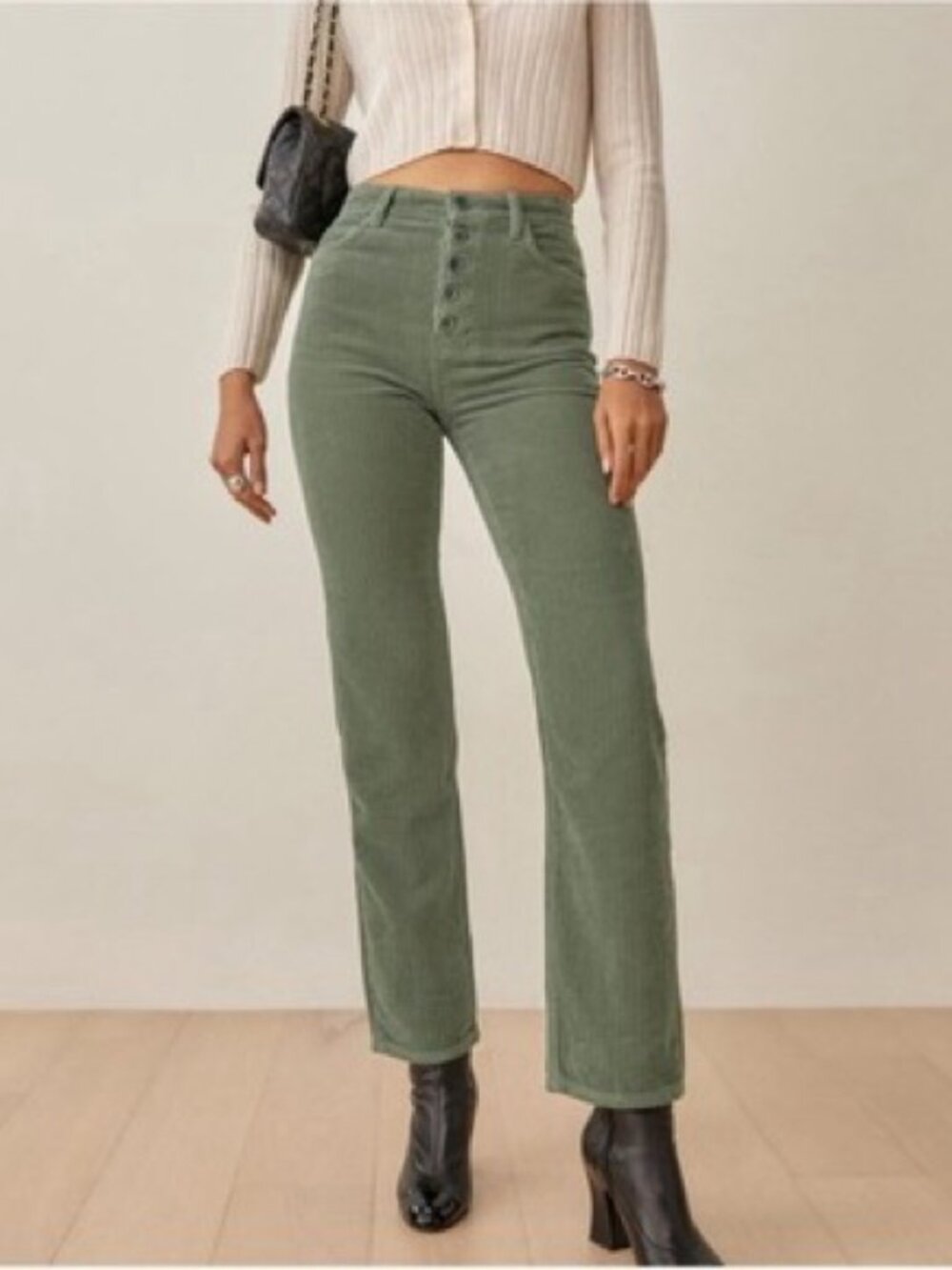 Reformation Jeans • Cynthia High Rise Straight Corduroy Moss Green Pants • 29